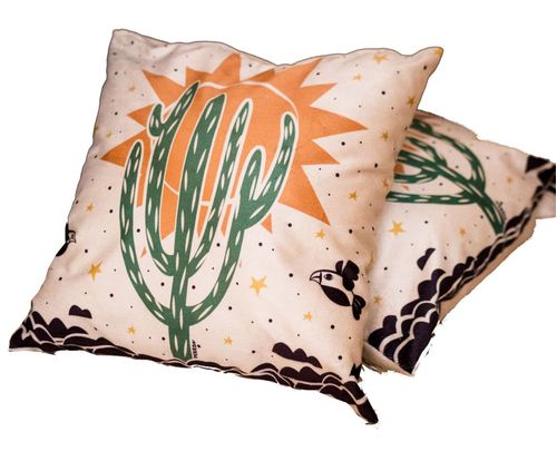 Capa de Almofada Estampada Grande cor Creme Cacto Verde - Meu Mandacaru